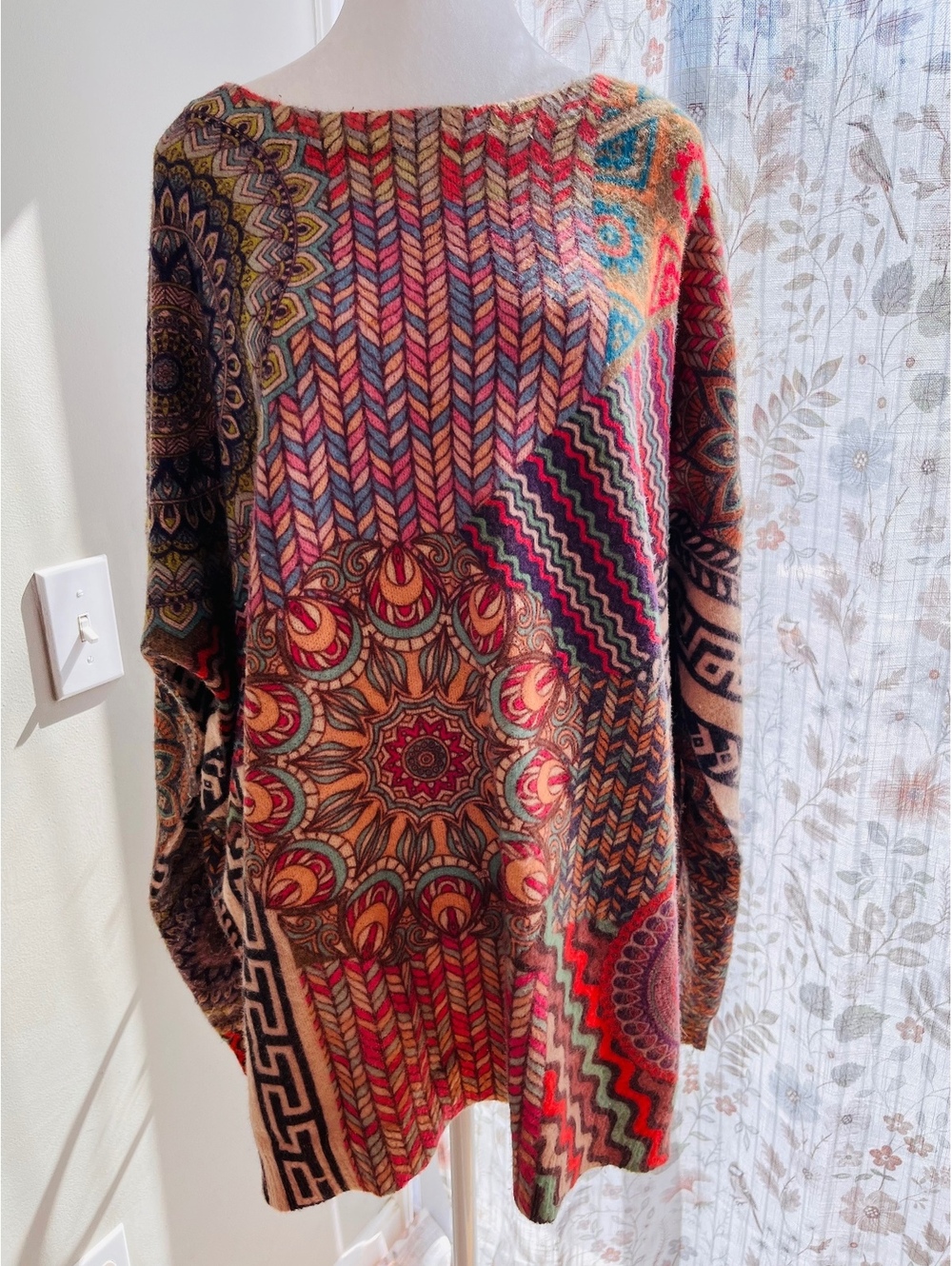 Yesno Boho Patchwork Mandala Oversized Knit Sweater Tunic - Plus Size / 3XL